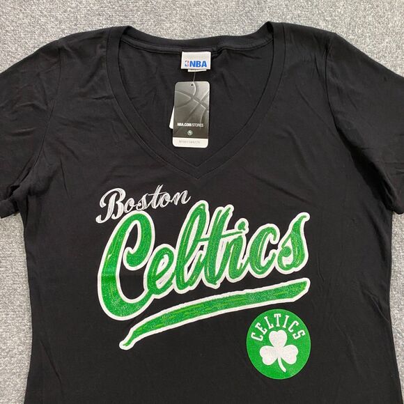 Boston Celtics Glitter Logo V-Neck Shirt Womens Medium Black NBA Basketball NWT - Picture 2 of 16